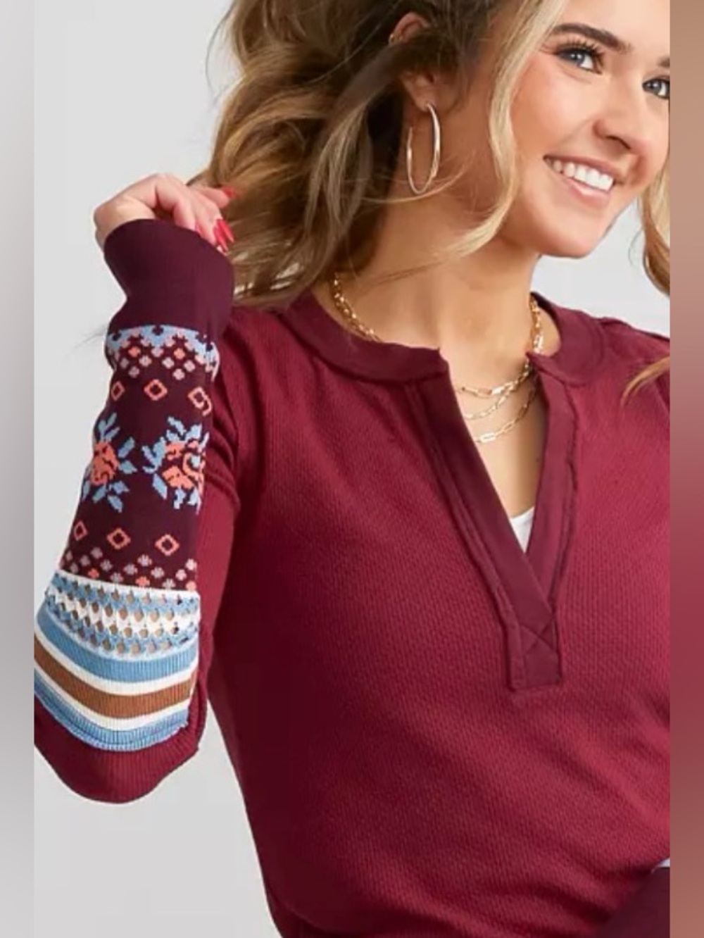 Free People We The Free Mikah Notch Neck Thermal Top Wine Combo Size M
